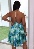 Women Summer Green Casual Strap Sleeveless Floral Print Knee-Length Asymmetrical Holiday Dress