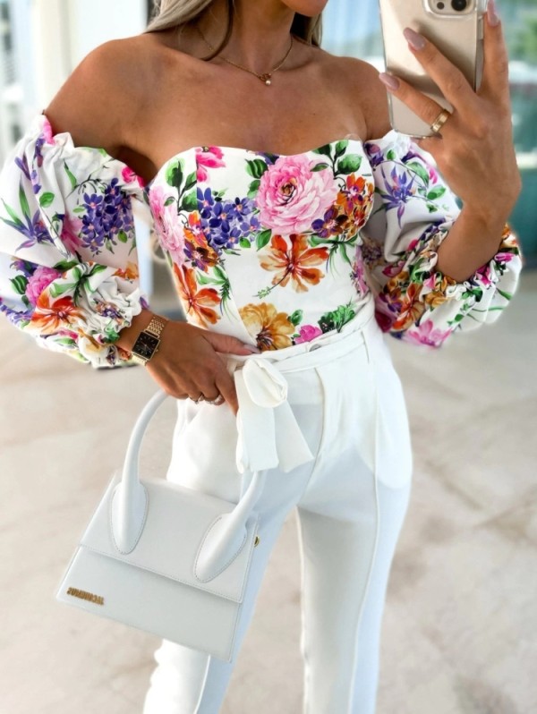 Women Summer White Modest Off-the-shoulder Three Quarter Sleeves Floral Print Cascading Ruffle Regular Shirt