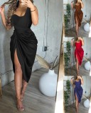 Women Summer Black Modest Slash Neck Sleeveless Solid Slit Pleated Midi Dress