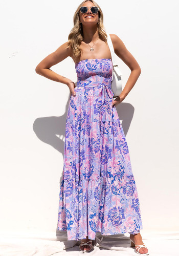 Women Summer Purple Modest Strapless Sleeveless Floral Print Belted Maxi Dress