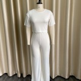Summer Plus Size Casual White Solid Round Neck Short Sleeve And Pant Wholesale Two Piece Clothing