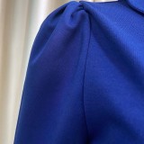 Women Summer Dark Blue Elegant Turn-down Collar Half Sleeves Solid Button Midi Pencil Plus Size Office Dress