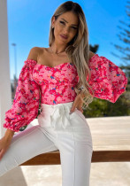 Damen Sommer Pink Modest Off-the-Shoulder Laternenärmel Blumendruck Cascading Rüschen Regular Shirt