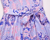 Women Summer Purple Modest Strapless Sleeveless Floral Print Belted Maxi Dress