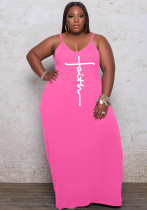 Vestido largo holgado de talla grande con bolsillos y estampado de letras sin mangas con correa informal rosa de verano para mujer