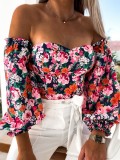 Women Summer Black Modest Off-the-shoulder Lantern Sleeve Floral Print Regular Shirt