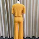 Summer Plus Size Casual Yellow Solid Round Neck Short Sleeve And Pant Wholesale Two Piece Clothing