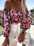 Women Summer Black Modest Off-the-shoulder Lantern Sleeve Floral Print Regular Shirt
