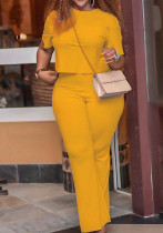 Summer Plus Size Casual Yellow Solid Round Neck Short Sleeve And Pant Wholesale Two Piece Clothing