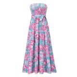 Women Summer Blue Modest Strapless Sleeveless Floral Print Belted Maxi Dress