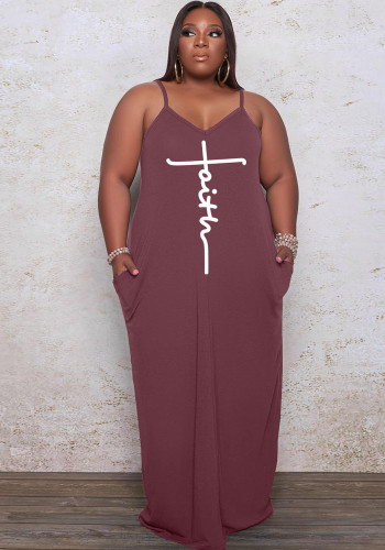 Women Summer Brown Casual Strap Sleeveless Letter Print Pockets Maxi Loose Plus Size Long Dress