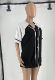 Women Summer Black O-Neck Short Sleeves High Waist Color Blocking Button Regular Short Sweatsuit