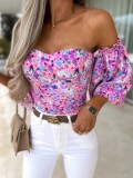 Women Summer Purple Modest Off-the-shoulder Half Sleeves Floral Print Regular Shirt