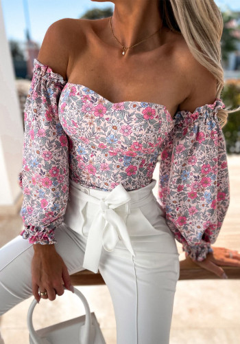 Women Summer Grey Modest Off-the-shoulder Lantern Sleeve Floral Print Cascading Ruffle Regular Shirt