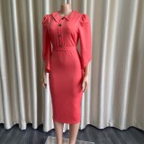 Women Summer Pink Elegant Turn-down Collar Half Sleeves Solid Midi Pencil Plus Size Office Dress