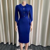 Women Summer Dark Blue Elegant Turn-down Collar Half Sleeves Solid Button Midi Pencil Plus Size Office Dress