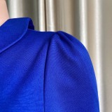 Summer Blue Elegant Turn-down Collar Half Sleeves Solid Button Midi Pencil Plus Size Office Dress
