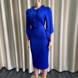 Summer Blue Elegant Turn-down Collar Half Sleeves Solid Button Midi Pencil Plus Size Office Dress