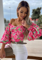 Damen Sommergrün Modest Off-the-Shoulder Half Sleeves Blumendruck Cascading Ruffle Regular Shirt