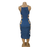 Women Summer Blue Sexy Strap Sleeveless Solid Denim Hollow Out Sheath Midi Dress
