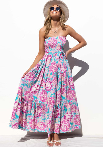 Women Summer Blue Modest Strapless Sleeveless Floral Print Belted Maxi Dress