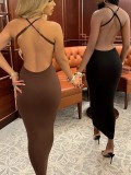 Women Summer Brown Modest V-neck Sleeveless Solid Lace Up Maxi Dress