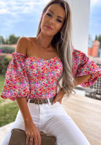 Damen Sommer Bedrucktes Modest Off-the-Shoulder Kurzarm Blumendruck Regular Shirt