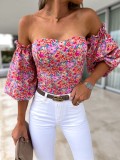 Women Summer Printed Modest Off-the-shoulder Short Sleeves Floral Print Regular Shirt