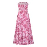 Women Summer Pink Modest Strapless Sleeveless Floral Print Belted Maxi Dress