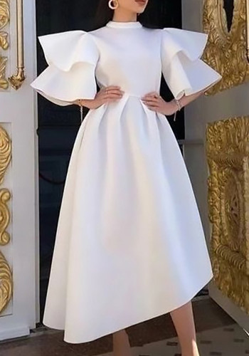 女性サマーホワイト控えめなタートルネックハーフスリーブソリッドカスケードフリルマキシスケータードレス
