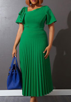 Damen Sommergrün Modest V-Ausschnitt mit kurzen Ärmeln Solid Cascading Rüschen Maxikleid