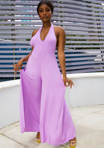 Women Summer Purple Casual Halter Sleeveless Solid Full Length Loose Plus Size Jumpsuit