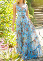 Vestido largo con volantes en cascada y estampado floral sin mangas con cuello en V romántico azul de verano para mujer