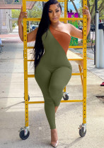 Women Summer Green Modest Slash Neck Sleeveless Color Blocking Zippers Full Length Skinny Jumpsuit