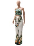 Women Summer White Casual Strap Sleeveless High Waist Floral Print Belted Loose Two Piece Pants Set