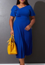 Women Summer Blue Modest V-neck Short Sleeves Solid Cascading Ruffle Maxi Dress