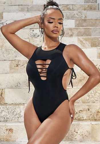 Women Black One-Piece Round Neck Solid Hollow Out Plus Size One Piece Swimwear