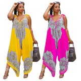Women Summer Yellow Casual V-neck Sleeveless Floral Print Full Length Loose Plus Size Jumpsuit