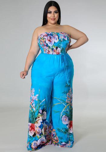 Women Summer Blue Casual Strapless Sleeveless Floral Print Pockets Full Length Loose Plus Size Jumpsuit
