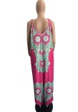 Women Summer Pink Casual V-neck Sleeveless Floral Print Full Length Loose Plus Size Jumpsuit