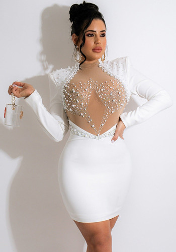 Women Summer White Modest Turtleneck Full Sleeves Patchwork Beading Straight Backless Evening Dress