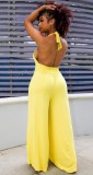 Women Summer Yellow Casual Halter Sleeveless Solid Full Length Loose Plus Size Jumpsuit