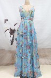 Women Summer Blue Romantic V-neck Sleeveless Floral Print Cascading Ruffle Maxi Dress