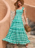 Women Summer Green Romantic Strap Sleeveless Plaid Print Ruffles Maxi Dress
