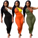 Women Summer Orange Modest Slash Neck Sleeveless Color Blocking Zippers Full Length Skinny Jumpsuit