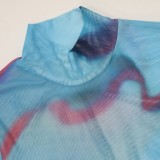 Women Summer Blue Casual Turtleneck Full Sleeves High Waist Printed Skinny Two Piece Pants Set