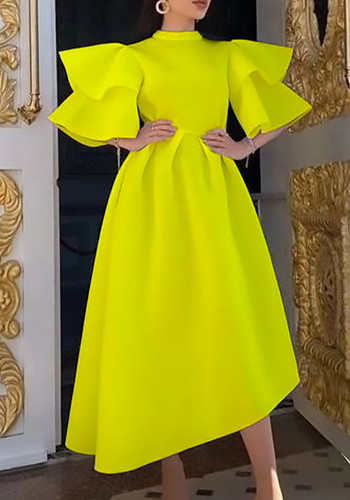 Damen Sommer Gelb Modest Rollkragen Halbarm Solid Cascading Ruffle Maxi Skater Dress