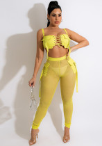 Kadın Yaz Sarı Seksi Askı Kolsuz Yüksek Bel Katı Dantel Up Düzenli İki Parçalı Pantolon Seti