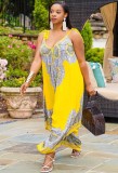 Women Summer Yellow Casual V-neck Sleeveless Floral Print Full Length Loose Plus Size Jumpsuit