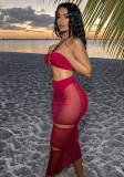 Women Summer Red Sexy Halter Sleeveless Solid Ripped Midi Sheath Plus Size Long Dress
